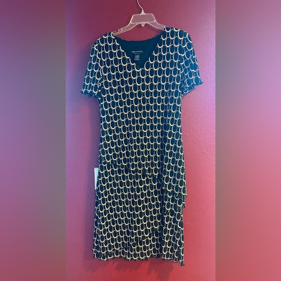Vintage Connected Apparel Dress Size 16 Black Beige Circle Print Tiered Hem - Picture 1 of 7